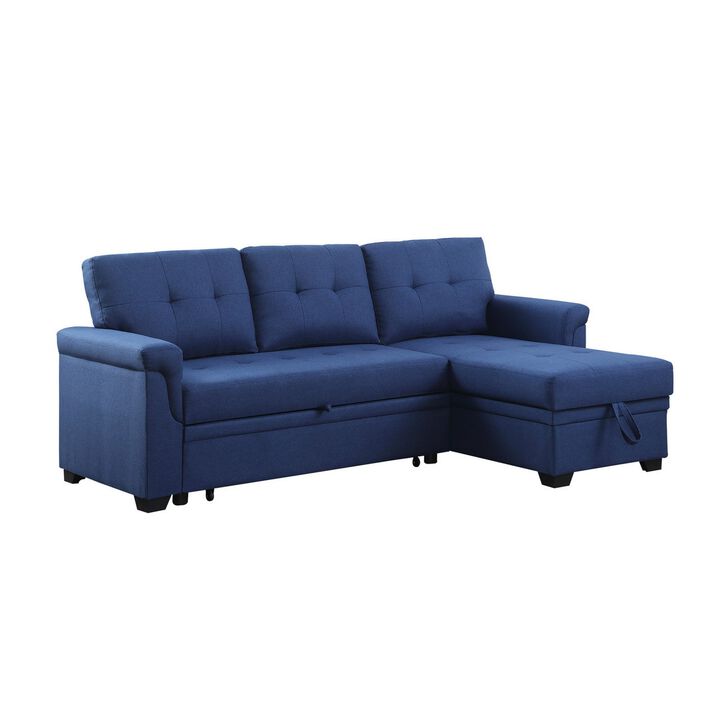 84 Inch Reversible Tufted Sectional Sleeper Sofa with Chaise Lounger, Blue - Benzara