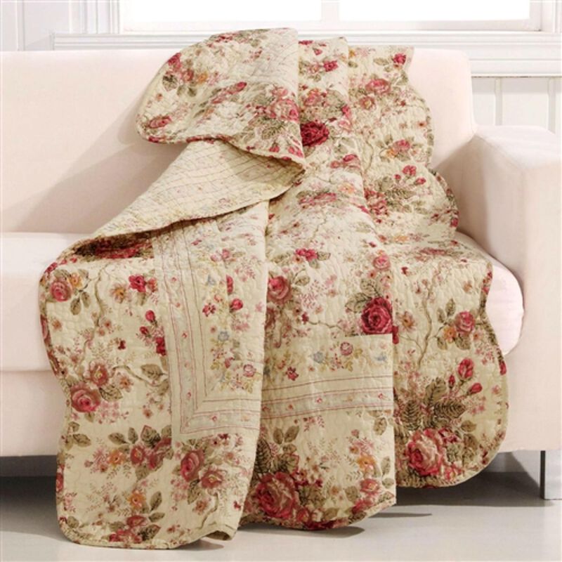 Hivvago Red Pink Gold Ecru Floral Roses Quilt Throw Blanket in 100% Cotton