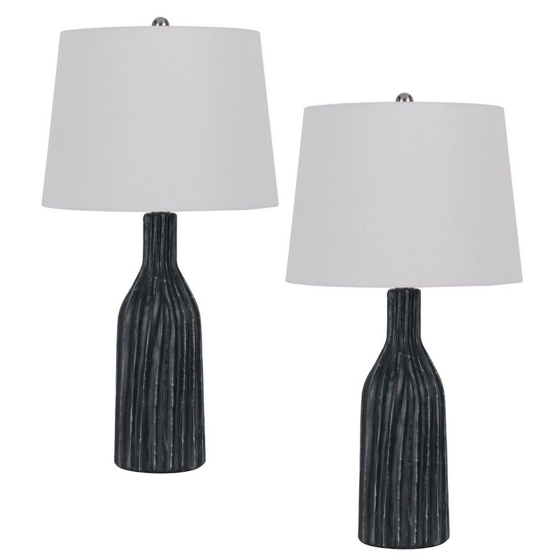 25 Inch Set of 2 Artisanal Ceramic Accent Table Lamp, Fluted, Grayed Black-Benzara