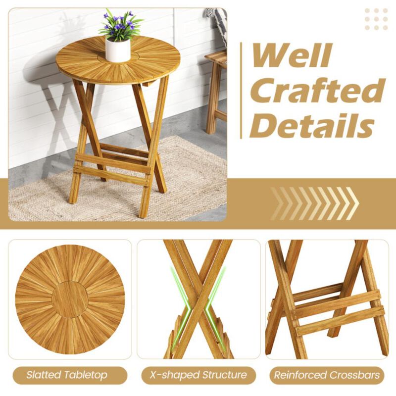 Hivvago Patio Folding Side Table Teak Wood Round End Table with Slatted Tabletop and X-Shaped Frame