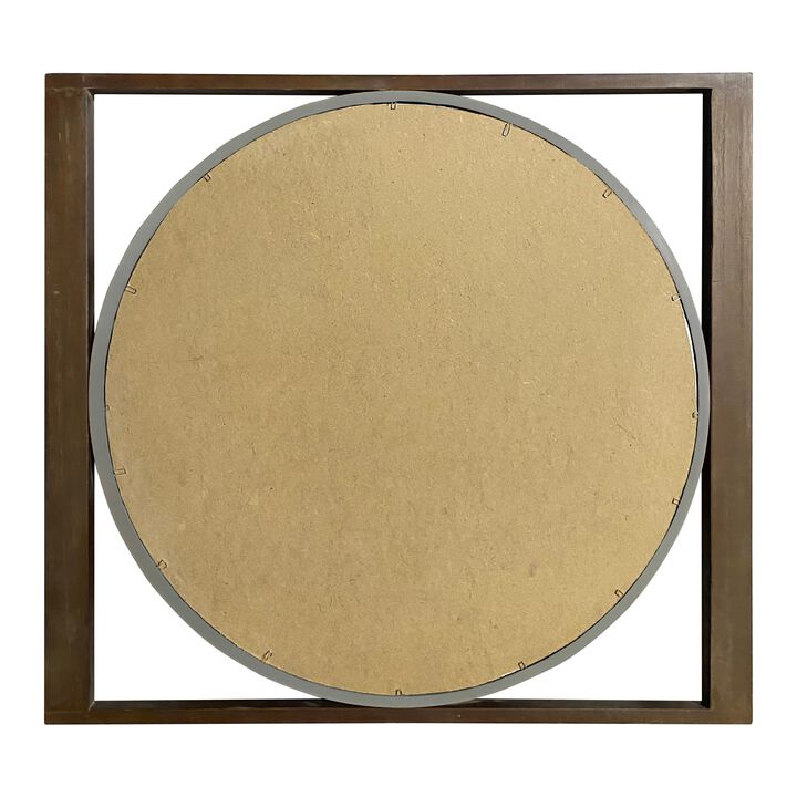 Round Wall Mirror with Rectangular Wooden Frame, Brown-Benzara