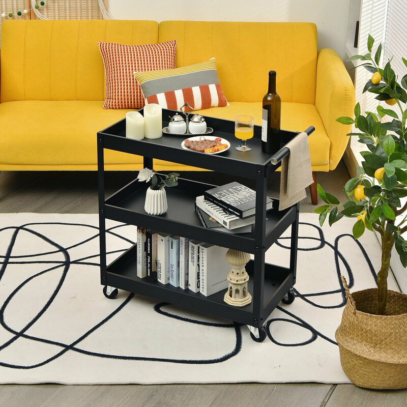3-Tier Utility Cart Metal Mental Storage Service Trolley in Black