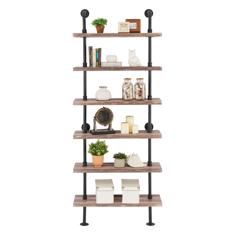 Industrial Modern Rustic 6-Tier Iron Pipe Wall Mount Ladder Shelving Unit in Distressed Wood Finish