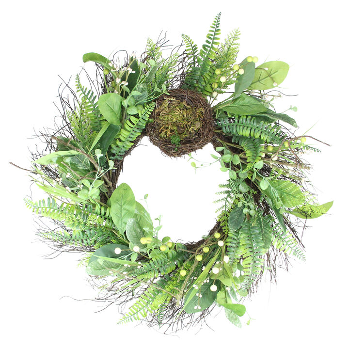 Green and Brown Foliage Artificial Spring Wreath with Nest - 24-Inch  Unlit