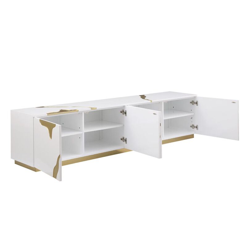 Best Master Furniture Ronnie White Lacquer T.V Stand with Gold Accents