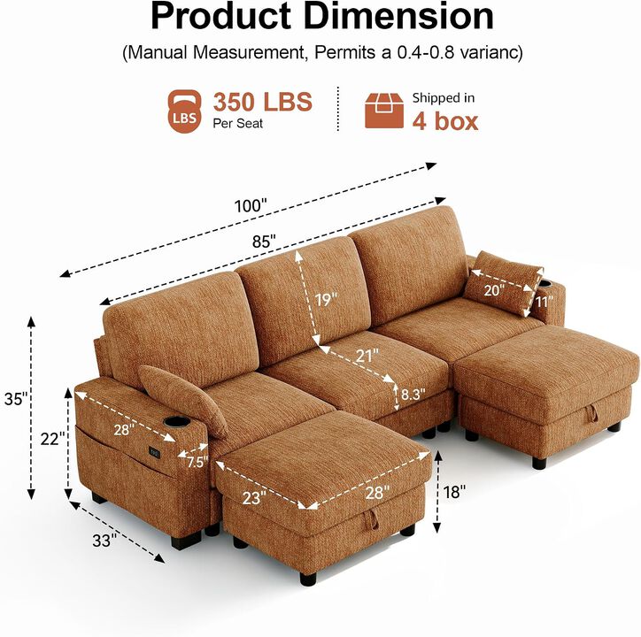 Vipbear 100" Modular Sectional Sofa Chenille 5 Seater U Shaped Couch with Moveable Ottoman