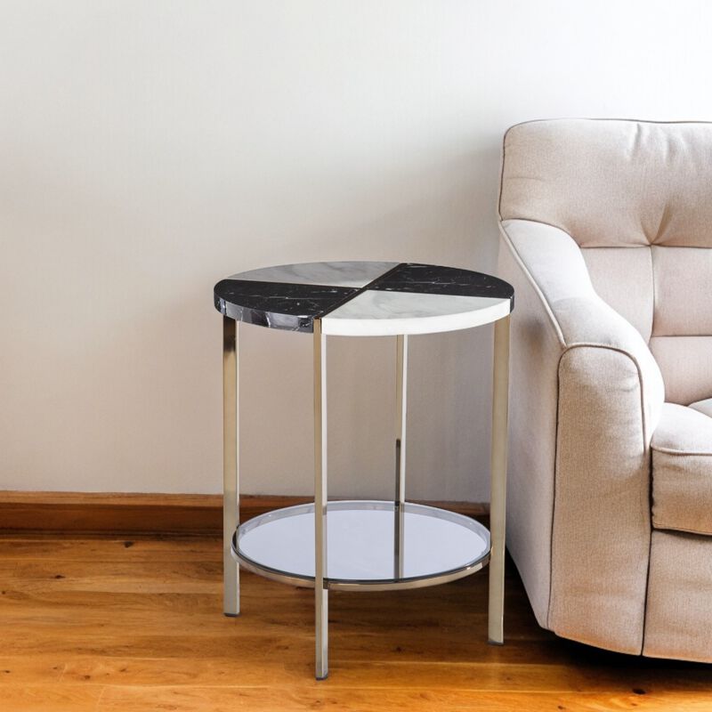 Round Wood and Iron End Table with Two Storage Shelves for Living Room or Bedroom