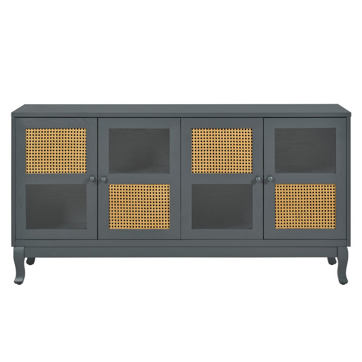 TATEUS Retro 4-Door Sideboard with Artificial Rattan Doors & Transparent Glass for Multi-Room Storage