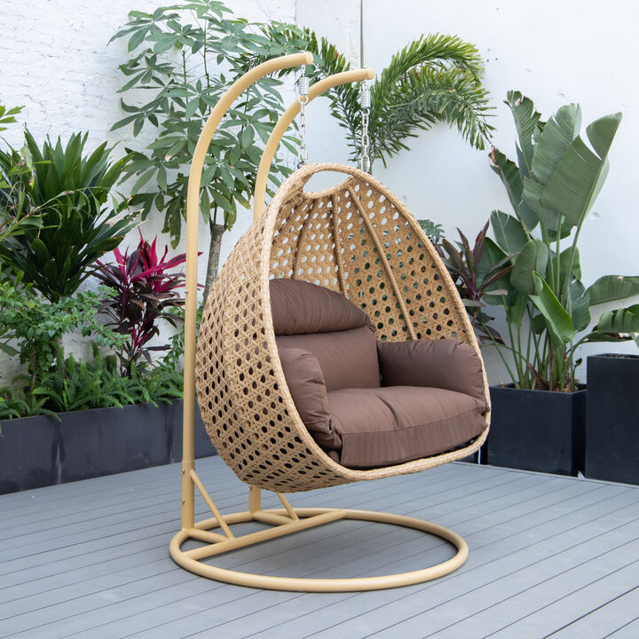 LeisureMod Mendoza Light Brown Wicker Hanging 2 person Egg Swing Chair Removable Cushion With Iron Base