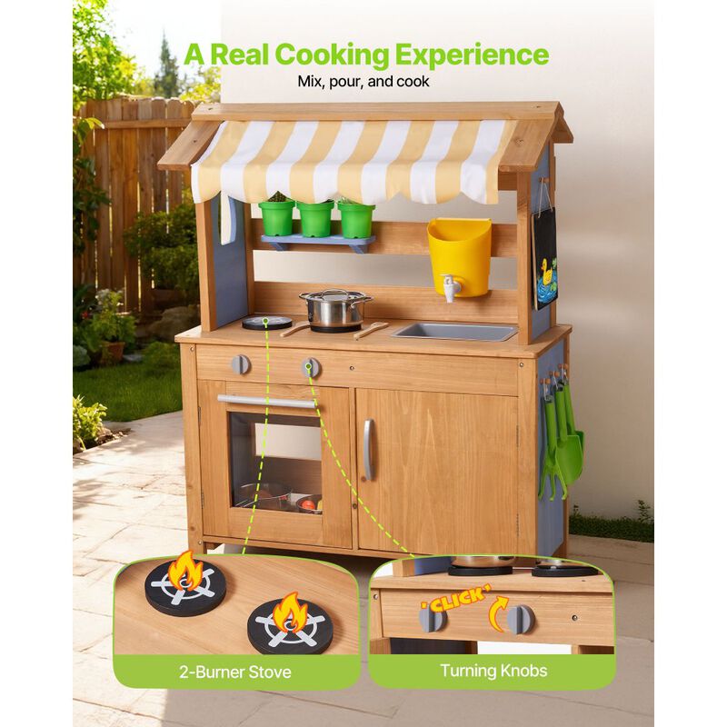 Wooden Outdoor Play Kitchen for Kids with Sink, Water Tank and Accessories-Natural image number 6