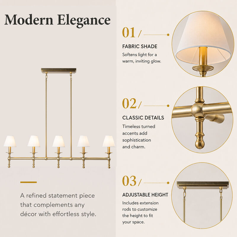 Transitional Warm Brass Linear Chandelier with Fabric Shades for Dining Room Kitchen Island image number 5