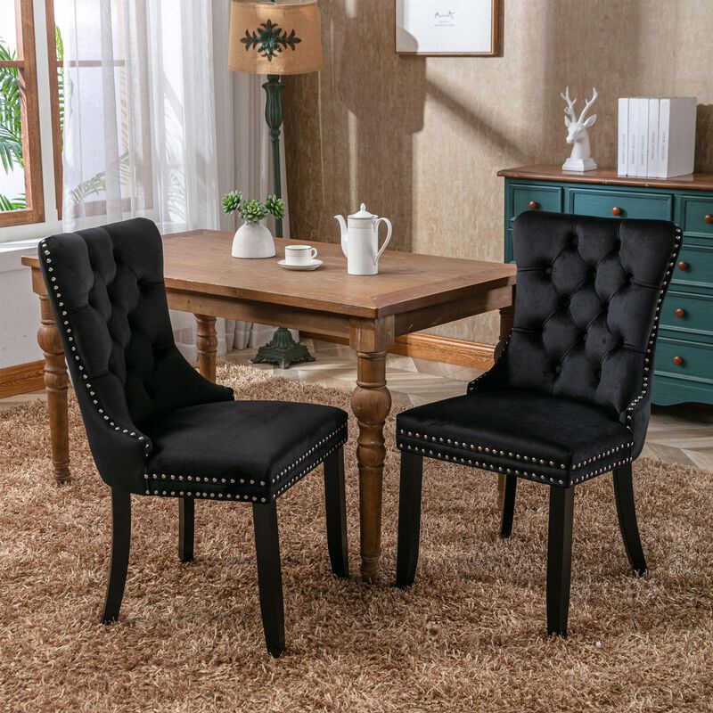 Velvet Upholstered Dining Chairs, Set of 2 &ndash; Tufted Back & Wood Legs