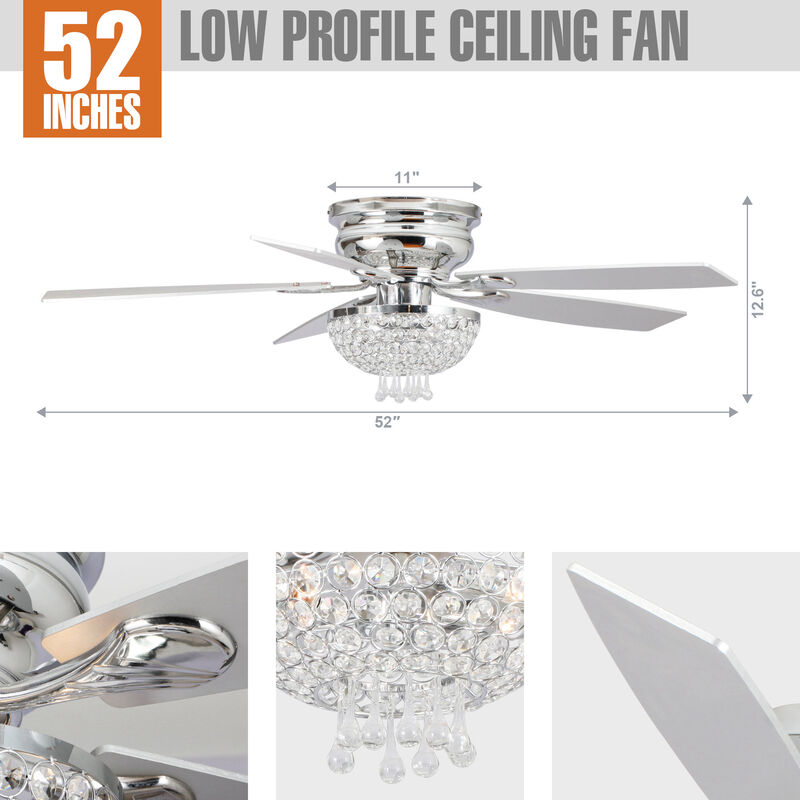 52" Modern Chrome Low Profile Crystal Ceiling Fan with Remote and 3-Speed Motor