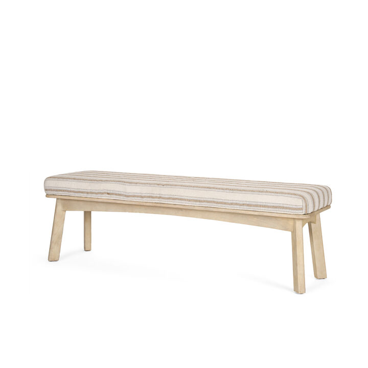 HomeRoots 62" Beige Cream and Brown Striped Cotton Blend and Solid Wood Upholstered Bench