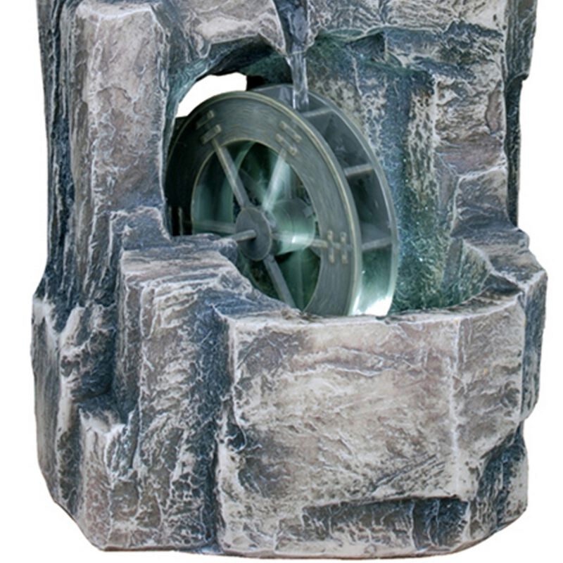 Tay 12 Inch Tabletop Water Fountain, Wheel Mill, LED Lighting, Rustic Gray - Benzara