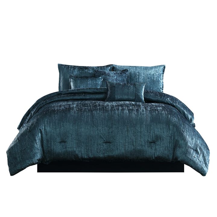 7 Piece King Comforter Set with Shimmering Appeal, Blue-Benzara