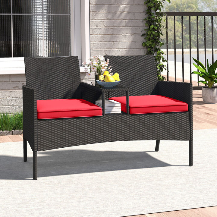 Patio Loveseat with Built-In Table for Backyard Porch, Comfortable Outdoor Seating