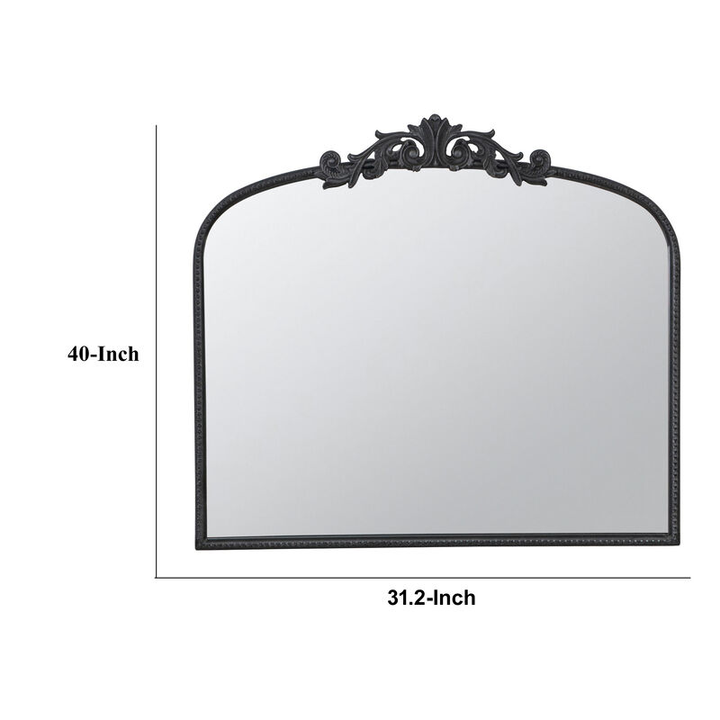 Kea 41 Inch Wall Mirror, Black Curved Arched Metal Frame, Baroque Design - Benzara