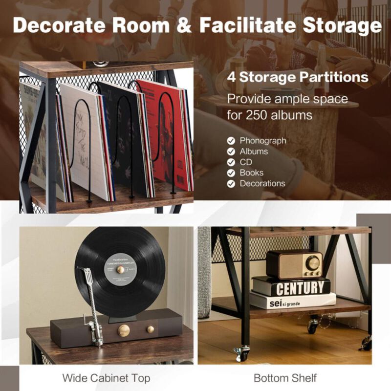 Hivvago 3 Tiers Vintage Style Rolling End Table with 3 Dividers for Albums