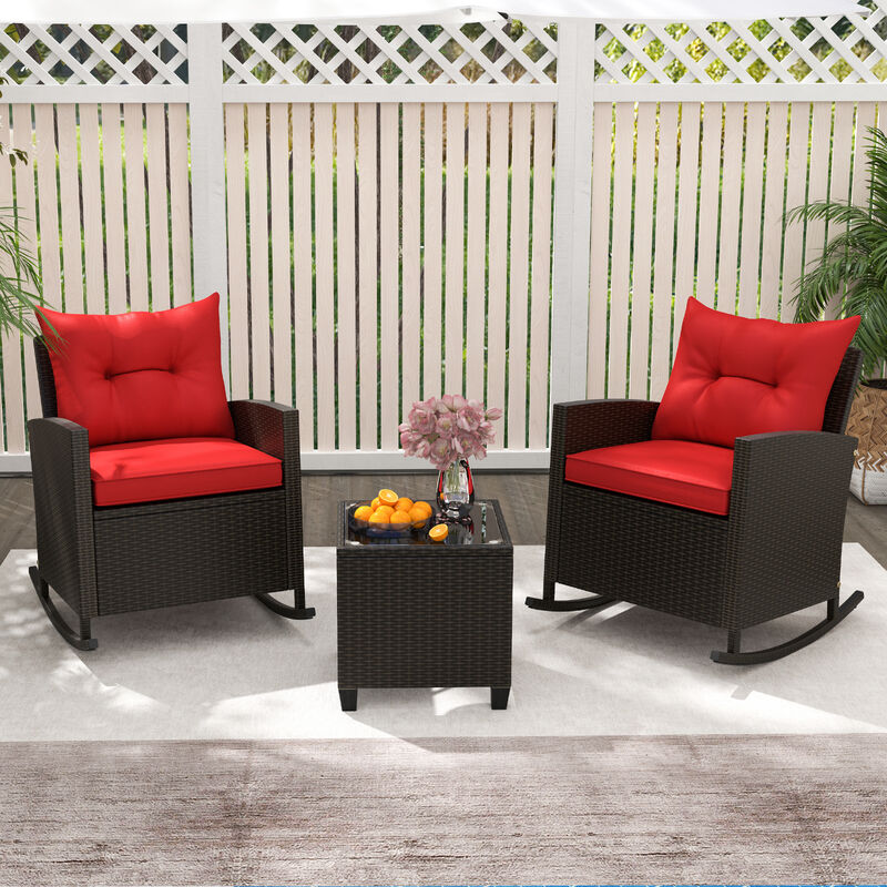 Patio Rattan Roker Chairs with Tempered Glass Table and Soft Cushions for Backyard  Poolside Porch-Beige