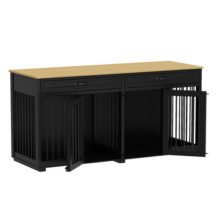 Large Dog Crate Furniture, 64.6 in. Wooden Dog Crate Kennel with 2 Drawers and Divider for Medium or 2 Small Dogs, Black