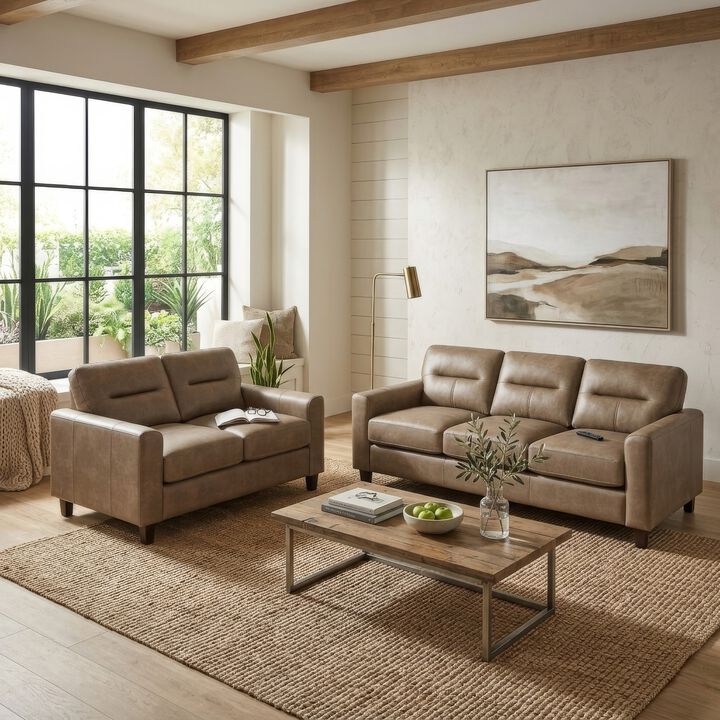 Secy 2pc Sofa and Loveseat Set, Brown Faux Leather, Pine Wood Frame
