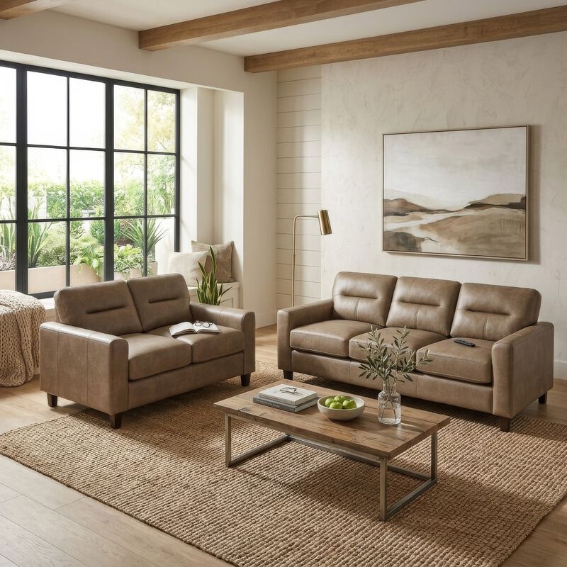 Secy 2pc Sofa and Loveseat Set, Brown Faux Leather, Pine Wood Frame image number 1