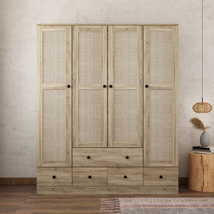Brown Wood Grain 59 in. W Rattan Doors Design Armoires Wardrobe with 5-Drawers, 2-Hanging Rods