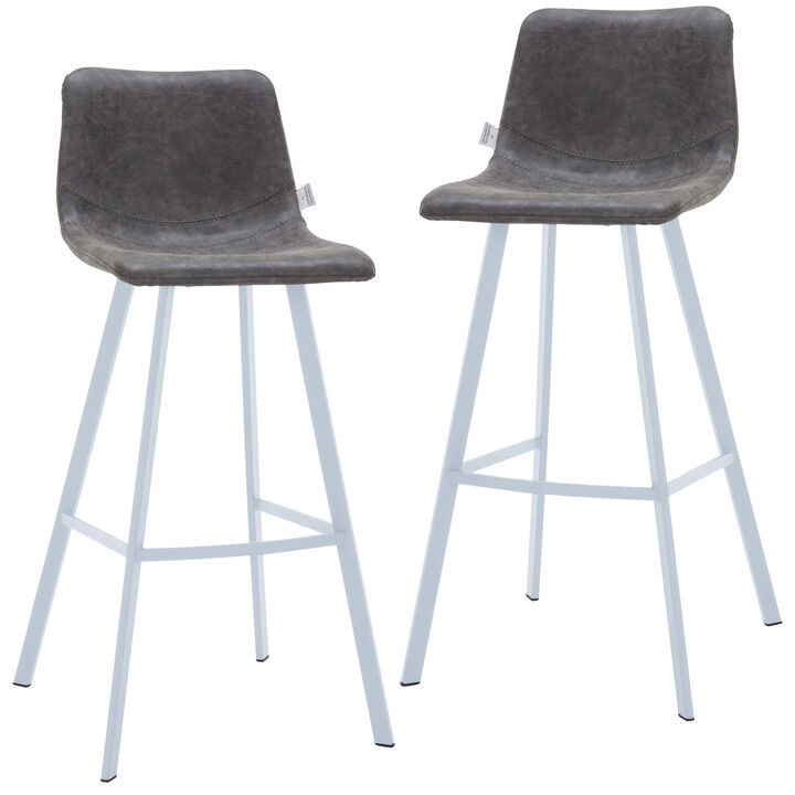 LeisureMod Elland 41" Upholstered Leather Bar Stool with Iron Legs - Modern White Base and Footrest Counter Height Stool for Kitchen and Bar, Set of 2
