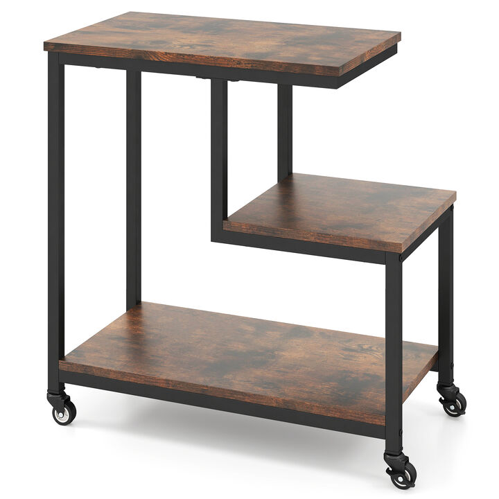 3-Tier Rolling Side Table with G-Shaped Frame and Open Display Shelves