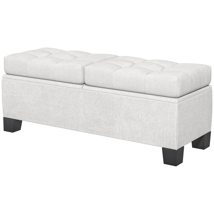 46" Cream Storage Ottoman: Button Tufted, Steel Frame