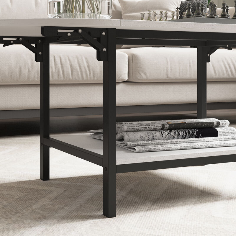 FUFU&GAGA Modern Coffee Table with Foldable Top and Lower Shelf, Metal Tube Legs (47.2 in. W x 23.6 in. D x 17.7 in. H), Black