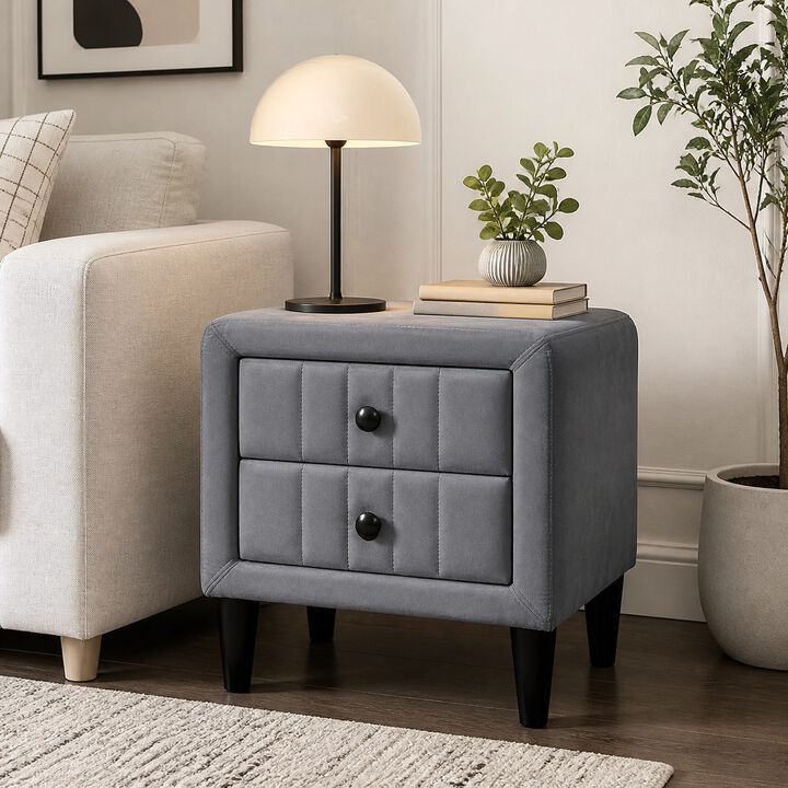 20" Assembled Velvet Nightstand 2-Drawer Gray Tapered Legs