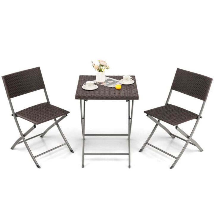 3 Pieces Patio Bistro Set with Folding Wicker Chairs and Table