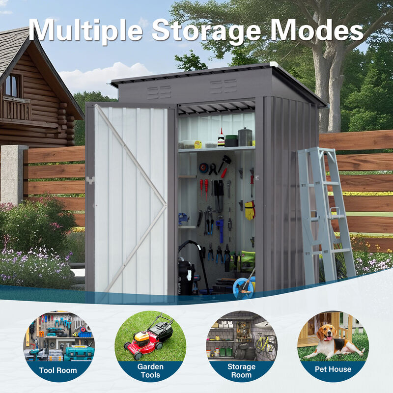 5X3 FT Metal Outdoor Storage Shed with Pitched Roof and Lockable Door image number 4