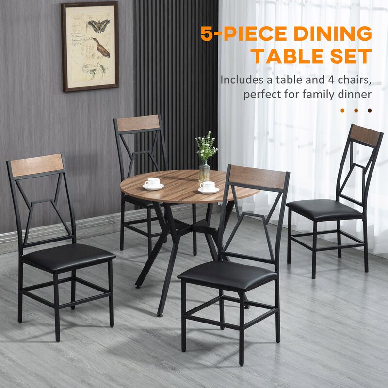 5 Pieces Diner Tables Industrial Dining Room Sets for 4 People with Round Table Padded Seat and Steel Frame Brown image number 4