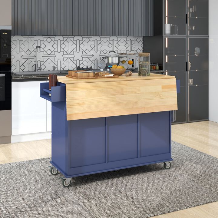 Rolling Mobile Kitchen Island with Drop Leaf - Solid Wood Top, Locking Wheels & Storage Cabinet 52.7 Inch Width(Dark blue)