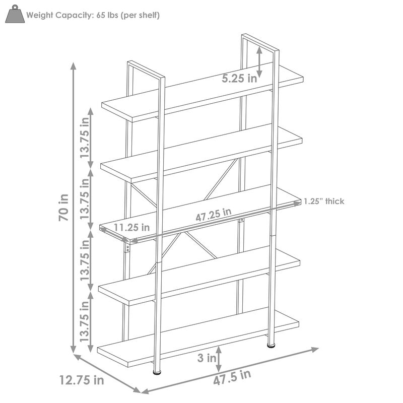 Sunnydaze 5-Tier Industrial Open-Shelf Bookshelf image number 4