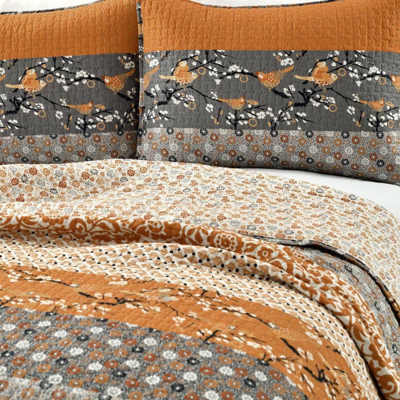 Hivvago Orange Grey Floral Birds Reversible Quilt Set