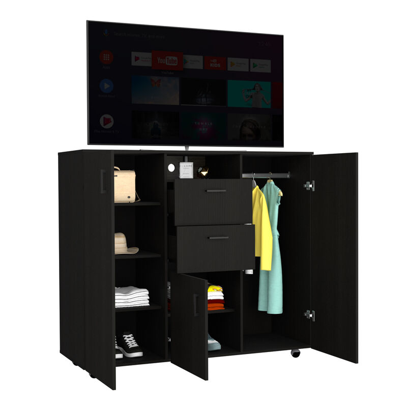 DEPOT E-SHOP Milano 3 Door Cabinet Dresser, Two Drawers, Four Interior Shelves, Rod, Black