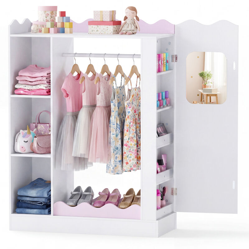 Kids Dress Up Closet with Mirror, Hanging Rod and Storage Shelves image number 4