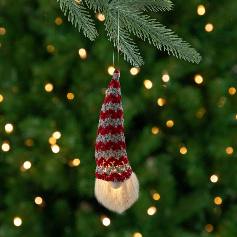 8" Lighted Red and Gray Knit Gnome Head Christmas Ornament image number 1