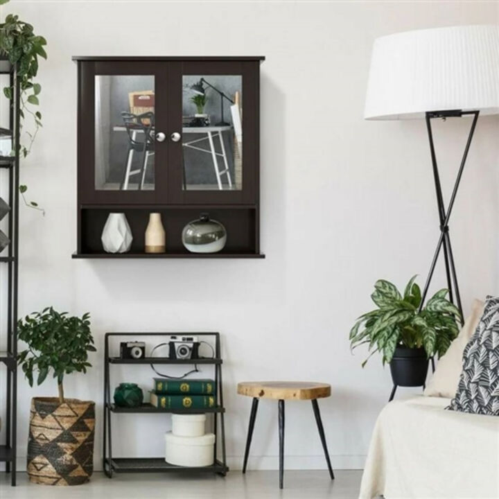 Wooden Bathroom Medicine Cabinet with Mirrored Doors and Storage Shelf
