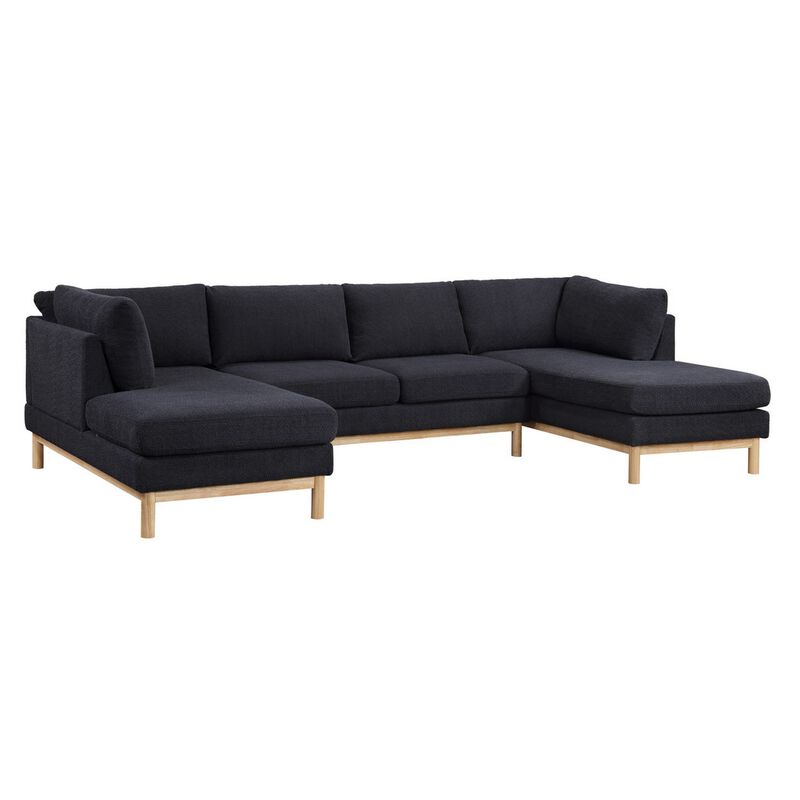Hle 124 Inch Wide Sectional Sofa Double Chaise, U Shape, Black Sherpa, Wood