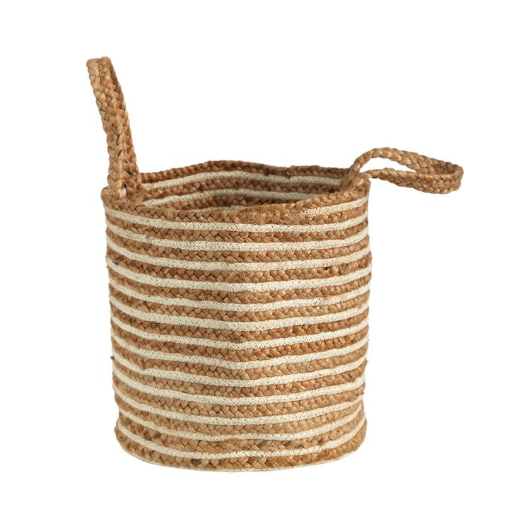 Nearly Natural 14-in Boho Chic Basket Cotton and Jute, Stripe with Handles