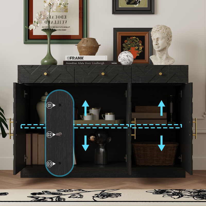 FUFU&GAGA Black Storage Cabinet with Three Drawers & Three Doors, Textured Embossed Surface, Gold Pulls, Adjustable Interior Shelves, 47.2 in. W x 15 in. D x 32.3 in. H (120 x 38 x 82 cm)