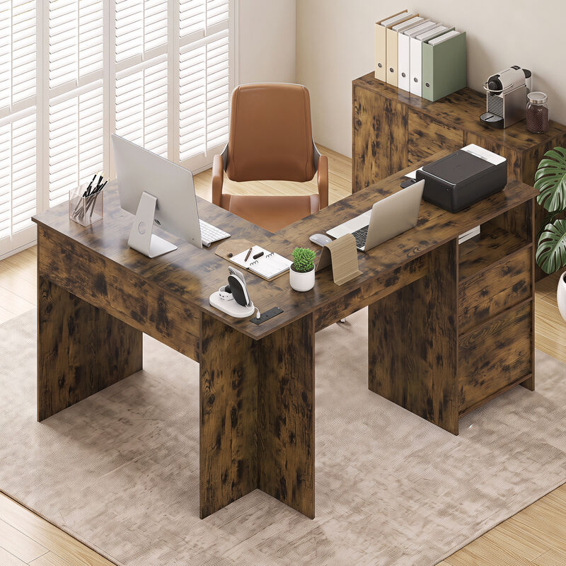 L Shaped Executive Computer Desk with Power Outlets Drawers and Bookshelf image number 4