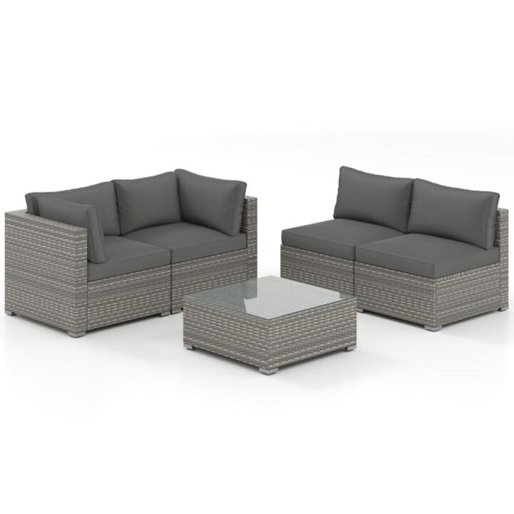 Hivvago 5-Piece Outdoor Patio Sectional Sofa Couch and Glass Coffee Table with Cushions