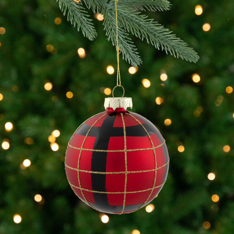 4ct Red  Black and Gold Plaid Glass Ball Christmas Ornaments 3.25" image number 1