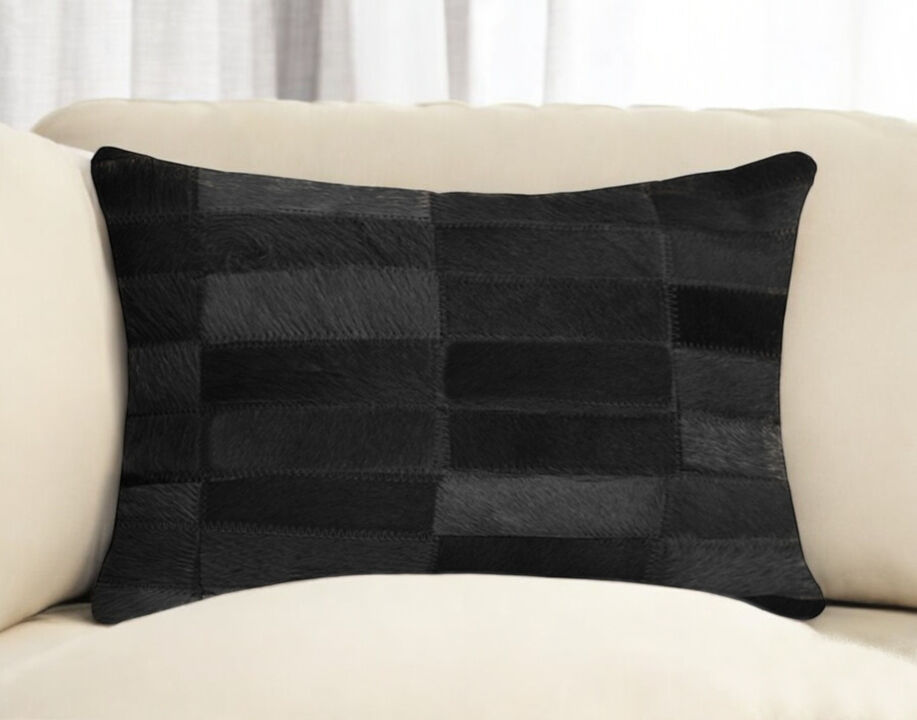 HomeRoots 12" X 20" Black Patchwork Cowhide Lumbar Throw Pillow
